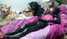 Black Latex Condom Catsuit + Pink Latex Corset + Orgasm