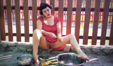 Retro Maid Prepares Potatoes for Dinner Vintage Performance Vintage Maid have no Panties Summertime