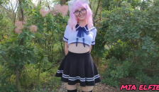 Sexy Schoolgirl with Ears in Uniform Walks down the Abandoned Road