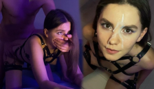 Hot Brunette in Harness Sucks and Jumps on my Dick - just look at her Pretty Cum Face on 12:10!